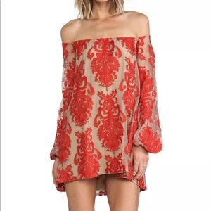 For Love & Lemons Red Lace Off The Shoulder Long Sleeve Mini Dress Size Small